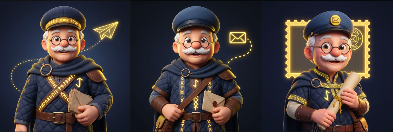 Jaiminho, o carteiro de bigode branco, com um telegrama na mão
